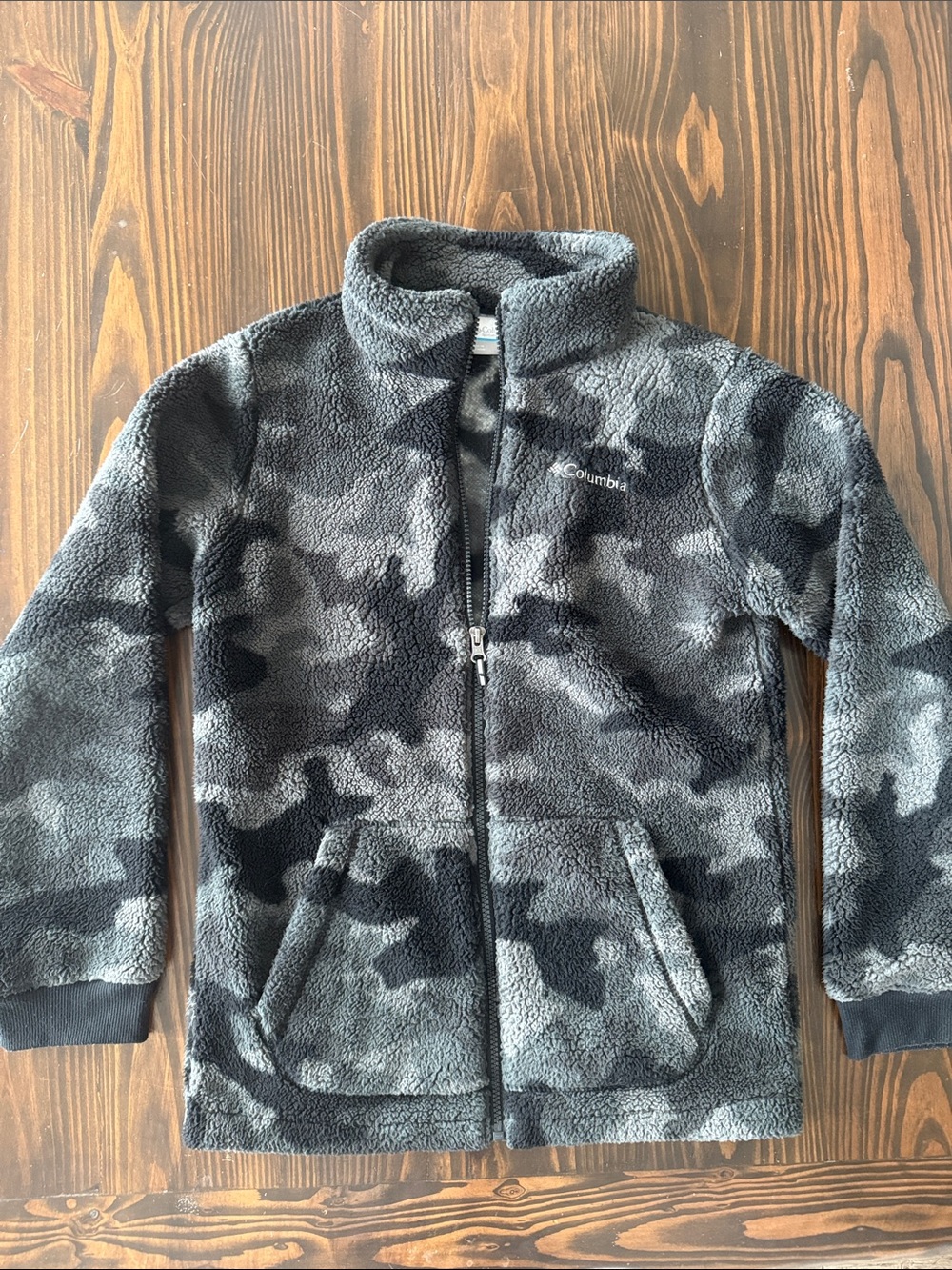 Columbia Big Boys Large 14/16 Gray Black Camo Sherpa Zip-Up Jacket Fleece